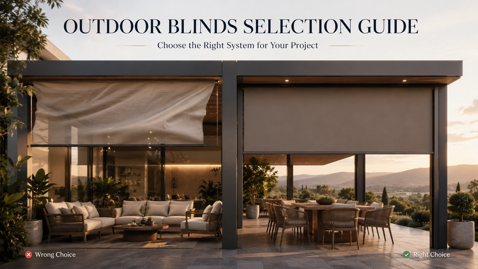 Outdoor blinds selection guide showing the right system for modern architectural projects